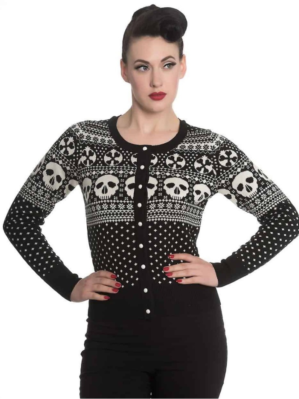Hell Bunny Black & White Skull Fair Isle Cardigan Sweater - Size M